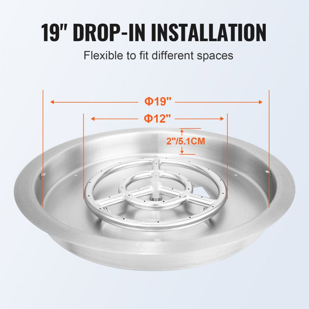 19 inch Round Drop-in Fire Pit Pan, Stainless Steel Fire Pit Burner, Natural & Propane Gas Fire Pan 92,000 BTU with Lid, for Indoor or Outdoor Use