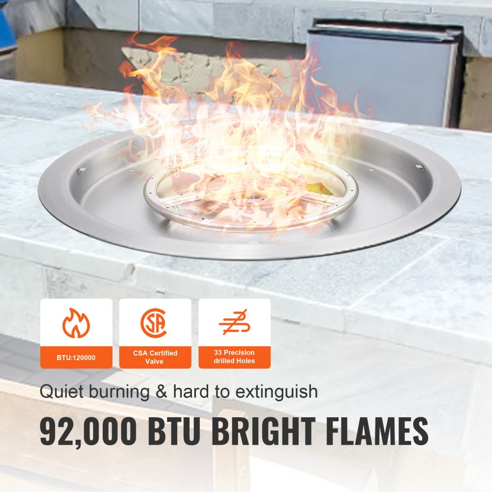 19 inch Round Drop-in Fire Pit Pan, Stainless Steel Fire Pit Burner, Natural & Propane Gas Fire Pan 92,000 BTU with Lid, for Indoor or Outdoor Use