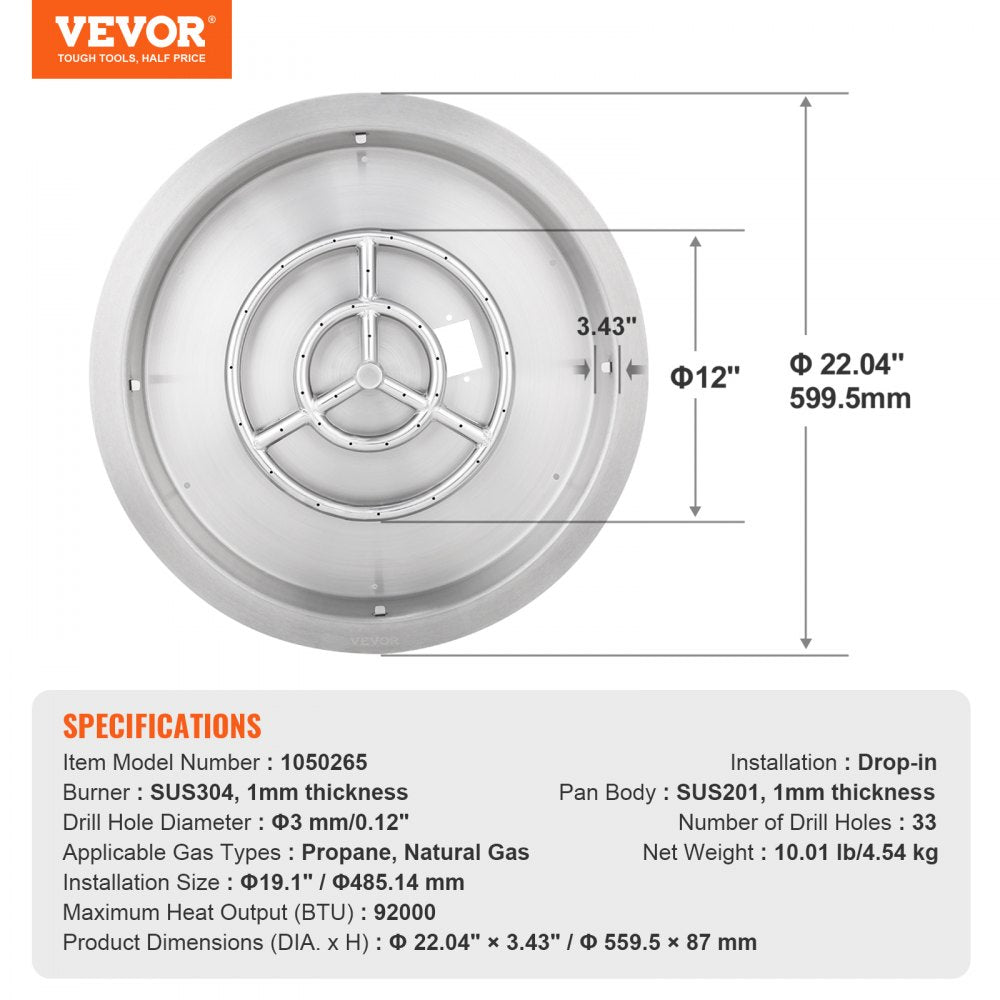 19 inch Round Drop-in Fire Pit Pan, Stainless Steel Fire Pit Burner, Natural & Propane Gas Fire Pan 92,000 BTU with Lid, for Indoor or Outdoor Use