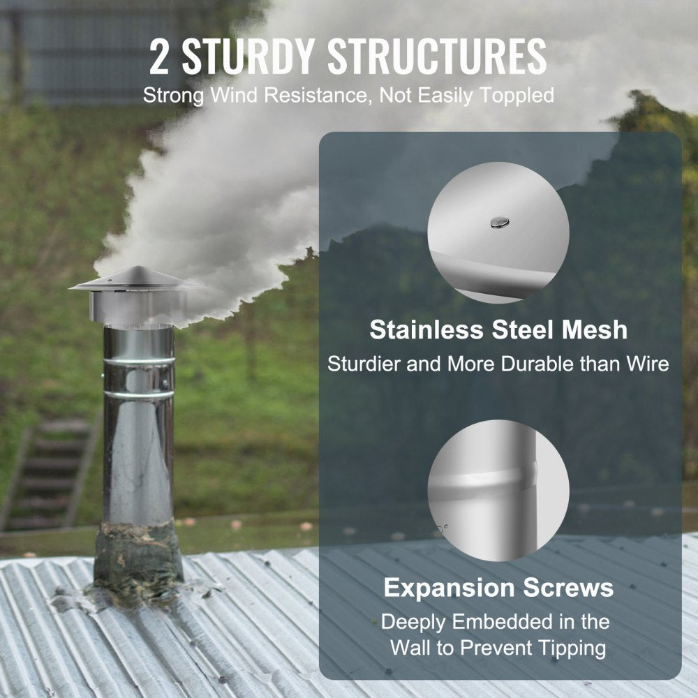 Chimney Cap, 6 inch, 304 Stainless Steel Round Roof Rain Cap, 11.81-inch Increased Caps, All Weather & Reinforced Screws & Easy Installation, for Perfect Insulation Vent Cover Outside, Silver
