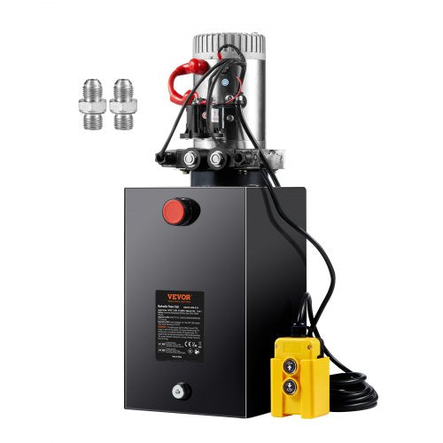 Black 12V DC hydraulic power unit with 15-quart reservoir, red solenoid, yellow pendant, and fittings.