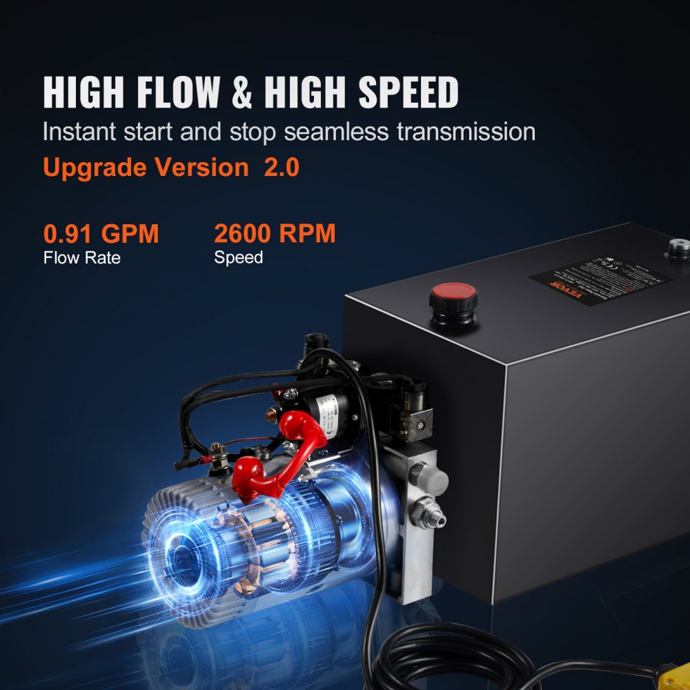 Compact 12V DC hydraulic power unit with black reservoir, red controls, and blue-highlighted motor.