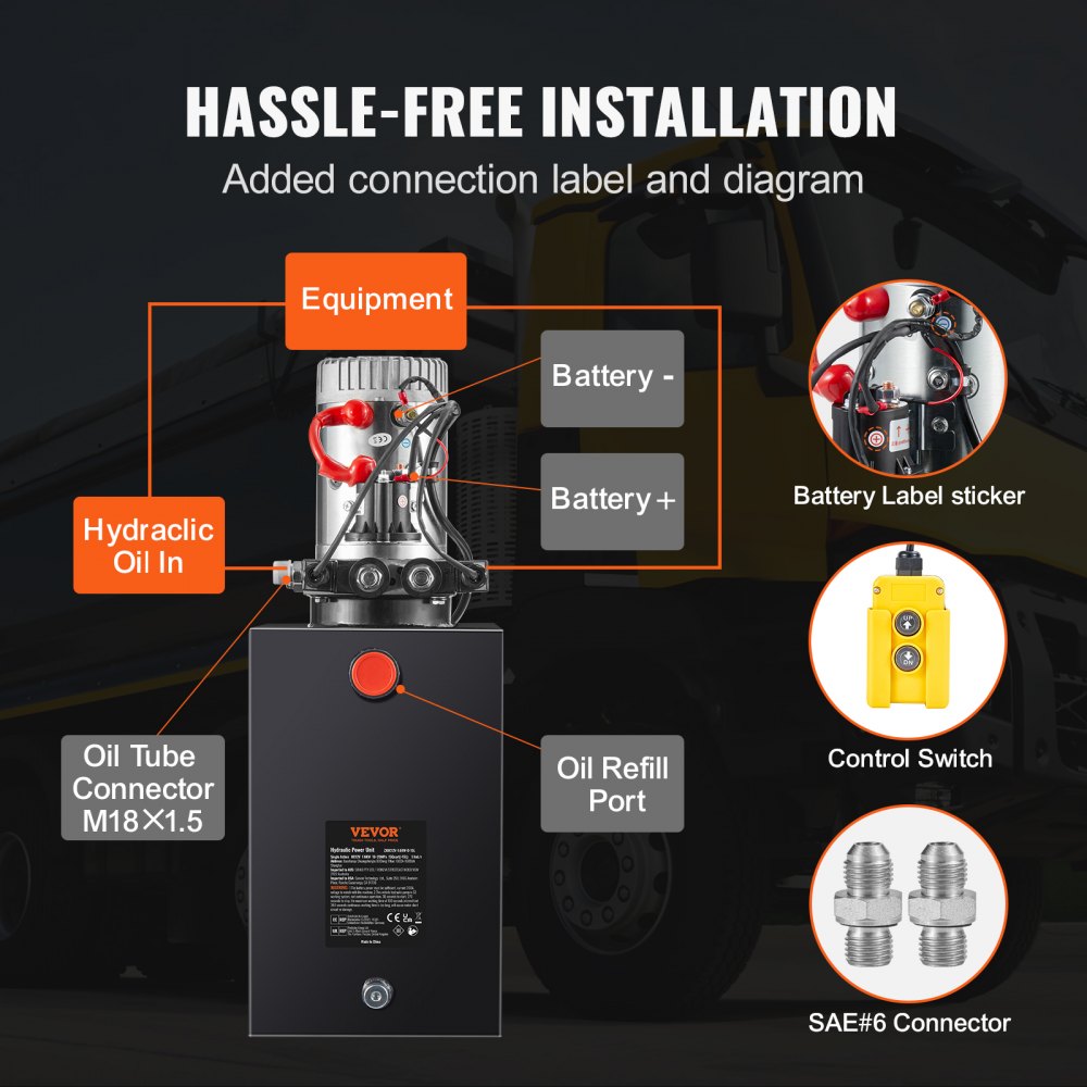 Diagram of Bostome 12V DC hydraulic power unit showing connections for battery, hydraulic oil, and control switch.