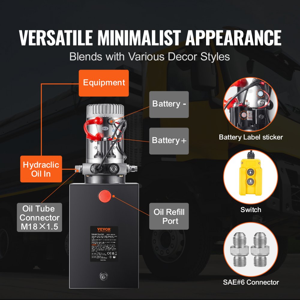 Bostome hydraulic pump with 20 quart reservoir, 12V DC motor, and SAE#6 connectors.