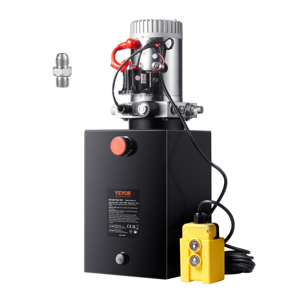 Bostome 12V DC hydraulic pump with 12 Quart tank and built-in safety relief valve for lifting.