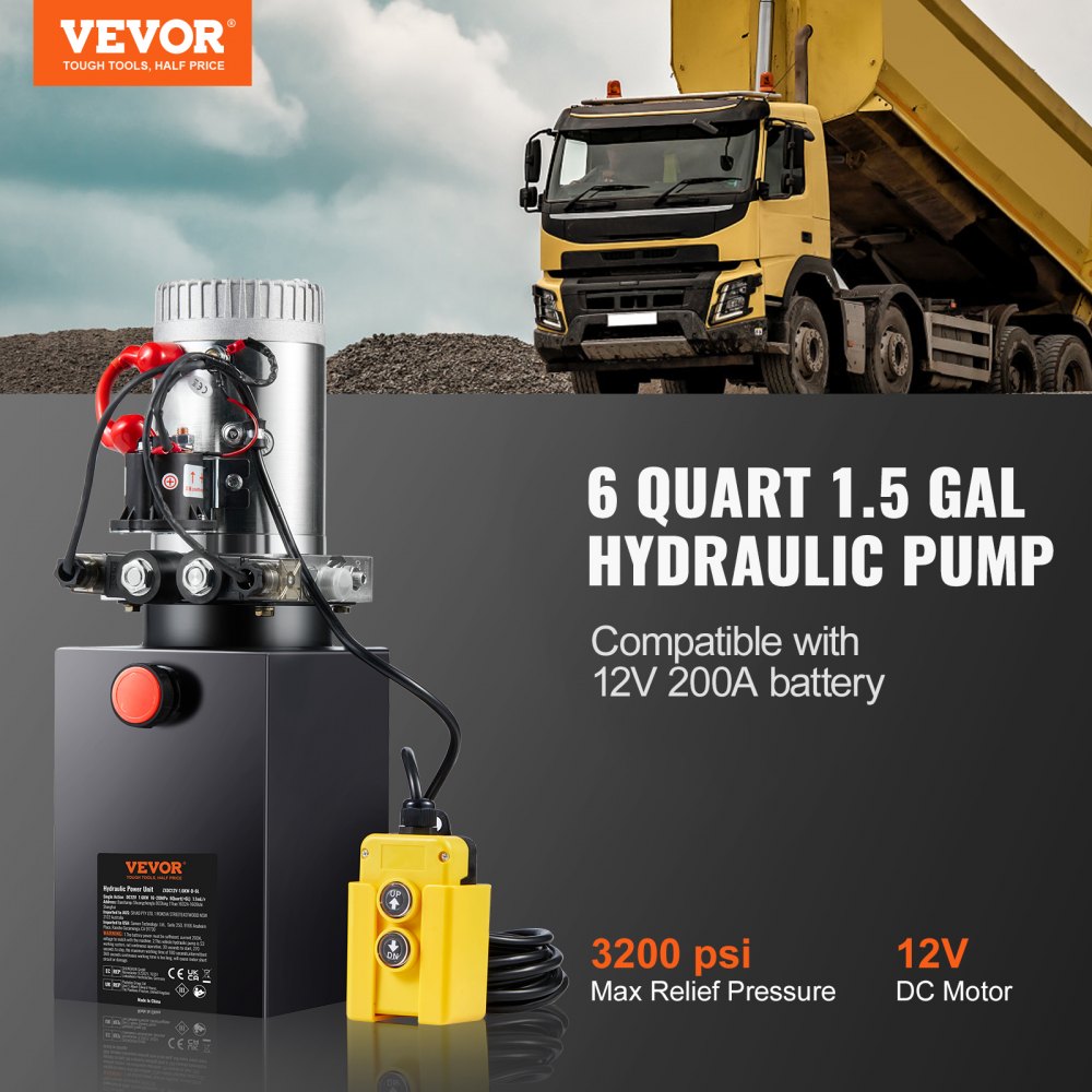 Bostome 12V 6-quart double-acting hydraulic power unit pump with 3200 PSI pressure and yellow dump truck background.
