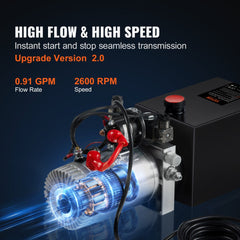 Bostome 12V 6-quart double-acting hydraulic power unit pump with 0.91 GPM flow and visible motor, reservoir, and wiring.