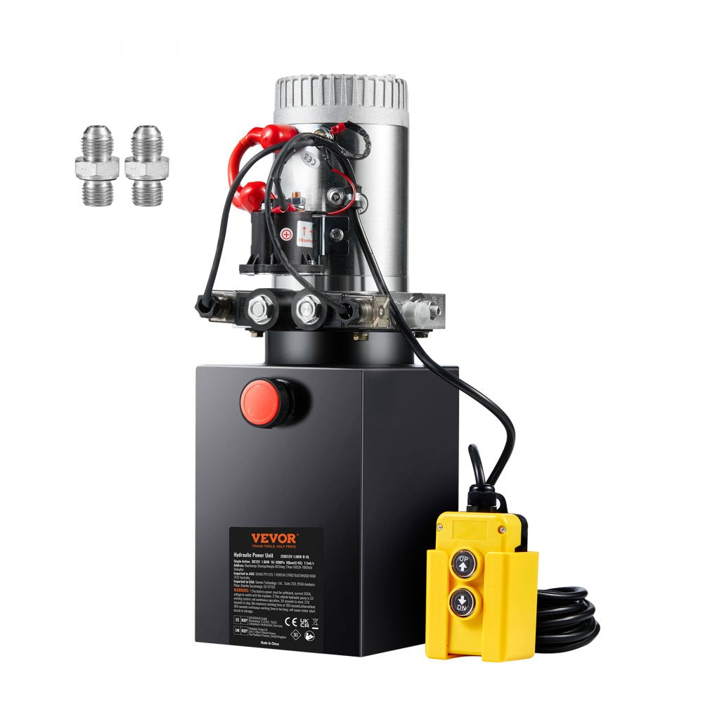 Bostome 12V 6-quart double-acting hydraulic power unit with pump, reservoir, and yellow control pendant.