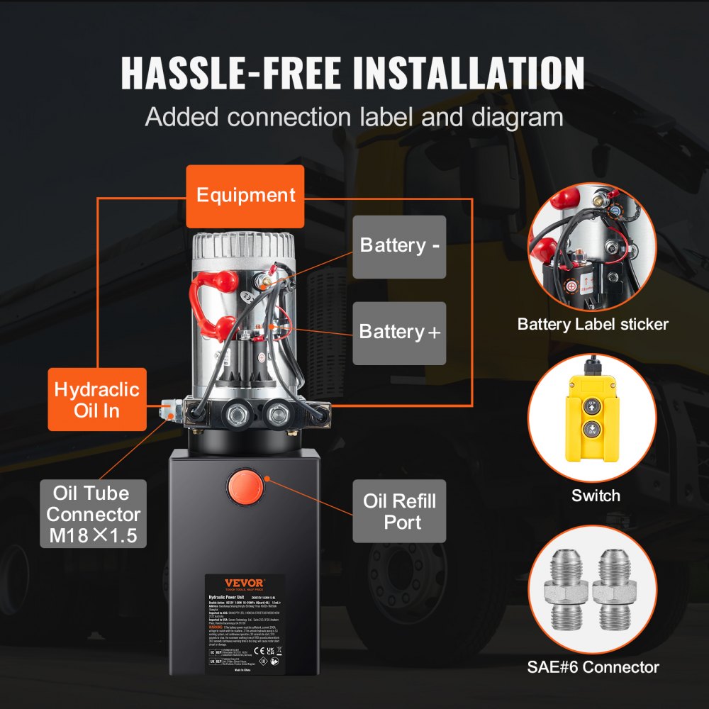 Bostome 8 quart hydraulic pump with 12V motor and double acting mechanism for dump trailers.