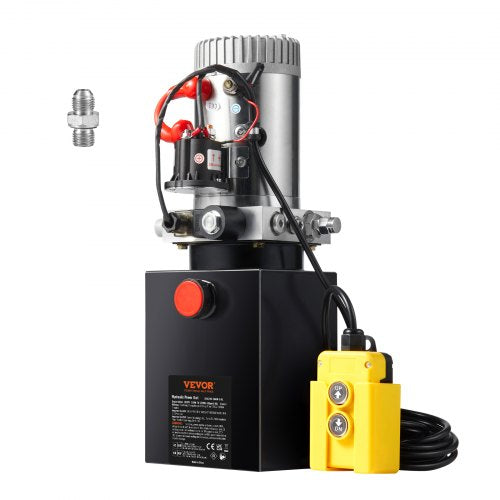 Bostome 8-quart 12V single-acting hydraulic dump trailer pump with 3200 PSI motor, reservoir, and yellow control pendant.