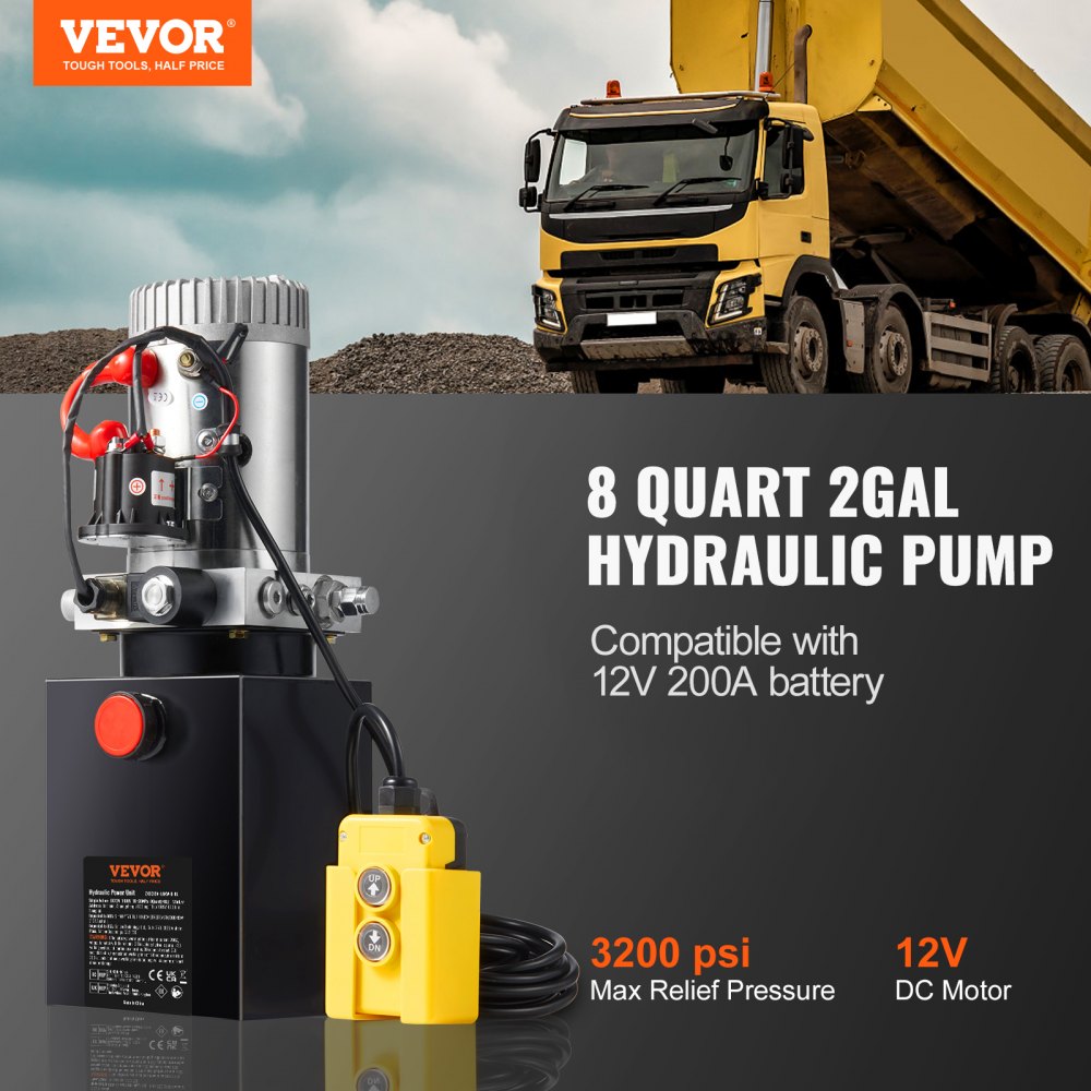 8-quart 12V single-acting hydraulic dump trailer pump with 3200 PSI pressure.