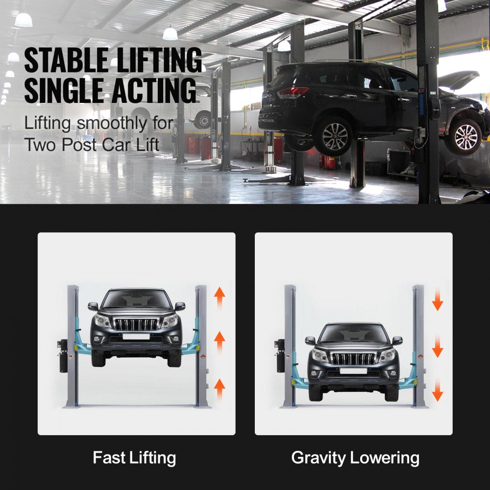Two-post car lift in garage raising black SUV, showing stable lifting, fast lifting, and gravity lowering features.