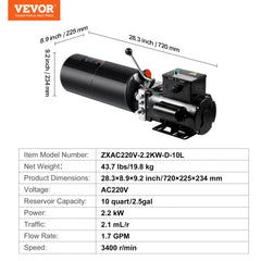 Black 10-quart single-acting hydraulic power unit with AC 220V motor, 1.7 GPM flow, and dimensions 23x9x18 inches.