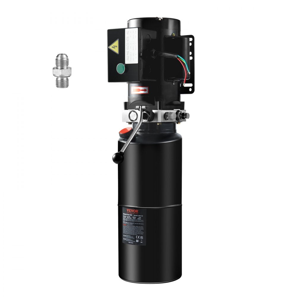 Black 10-quart single-acting hydraulic power unit with motor, valves, and fittings.