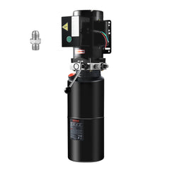 Black 10-quart single-acting hydraulic power unit with motor, valves, and fittings.