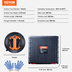 Glass Suction Cup, 10" 990 lbs Load Capacity, Vacuum Suction Cup with Steel Handle & Carry Box, Heavy Duty Industrial Suction Cup Lifter Tool for Glass, Granite, Tile, Metal, Wood Panel Lifting