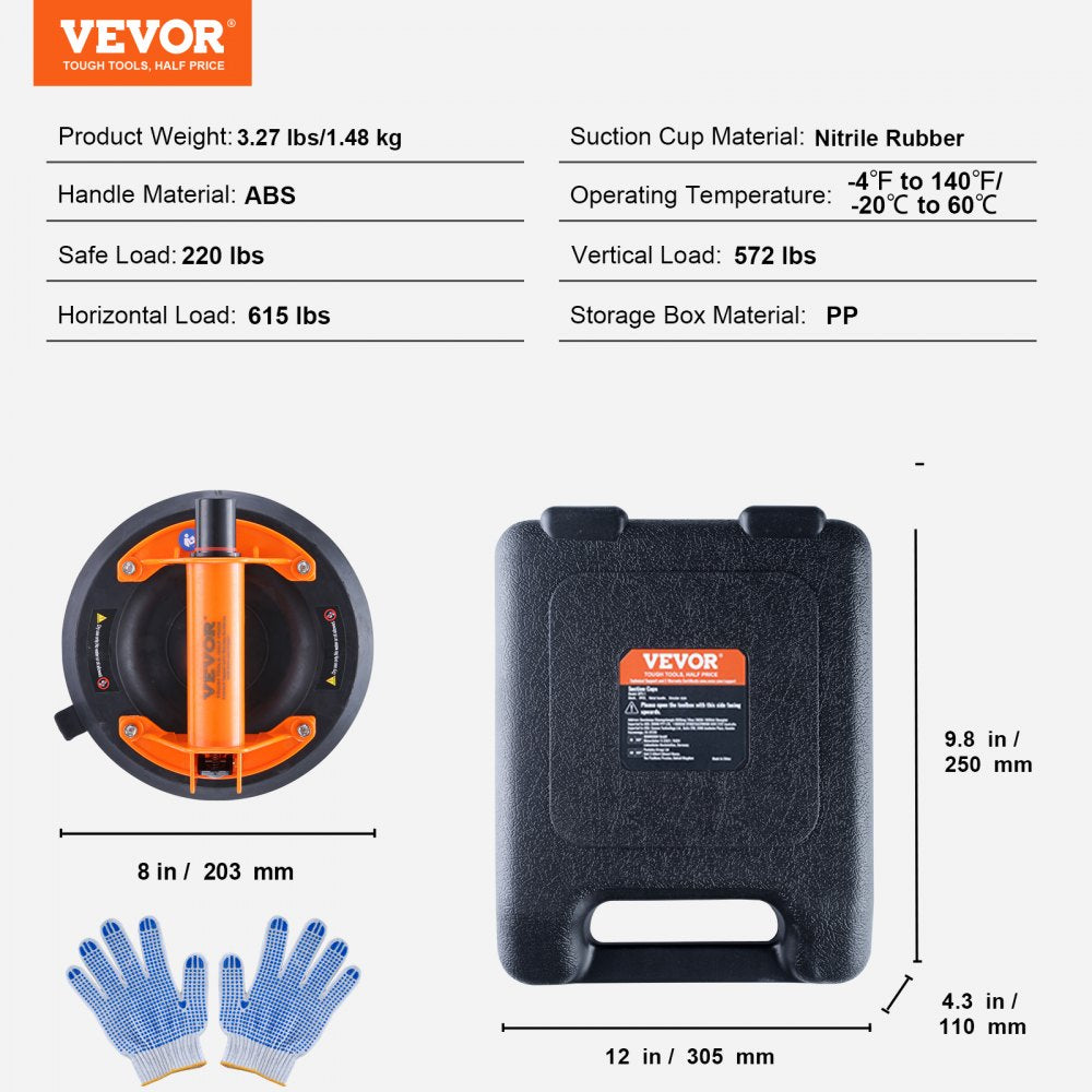 Glass Suction Cup, 8" 615 lbs Load Capacity, Vacuum Suction Cup with ABS Handle and Carry Box, Heavy Duty Industrial Suction Cup Lifter Tool for Glass, Granite, Tile, Metal, Wood Panel Lifting