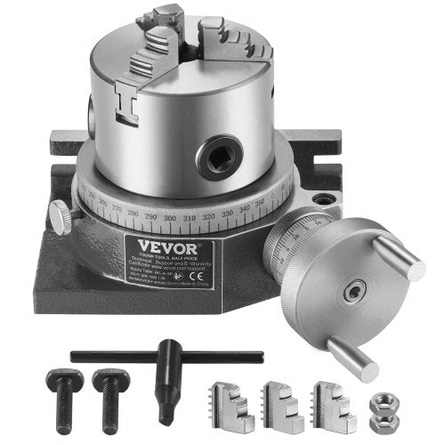 Bostome 4-inch rotary table with 3-jaw chuck for horizontal and vertical milling applications.