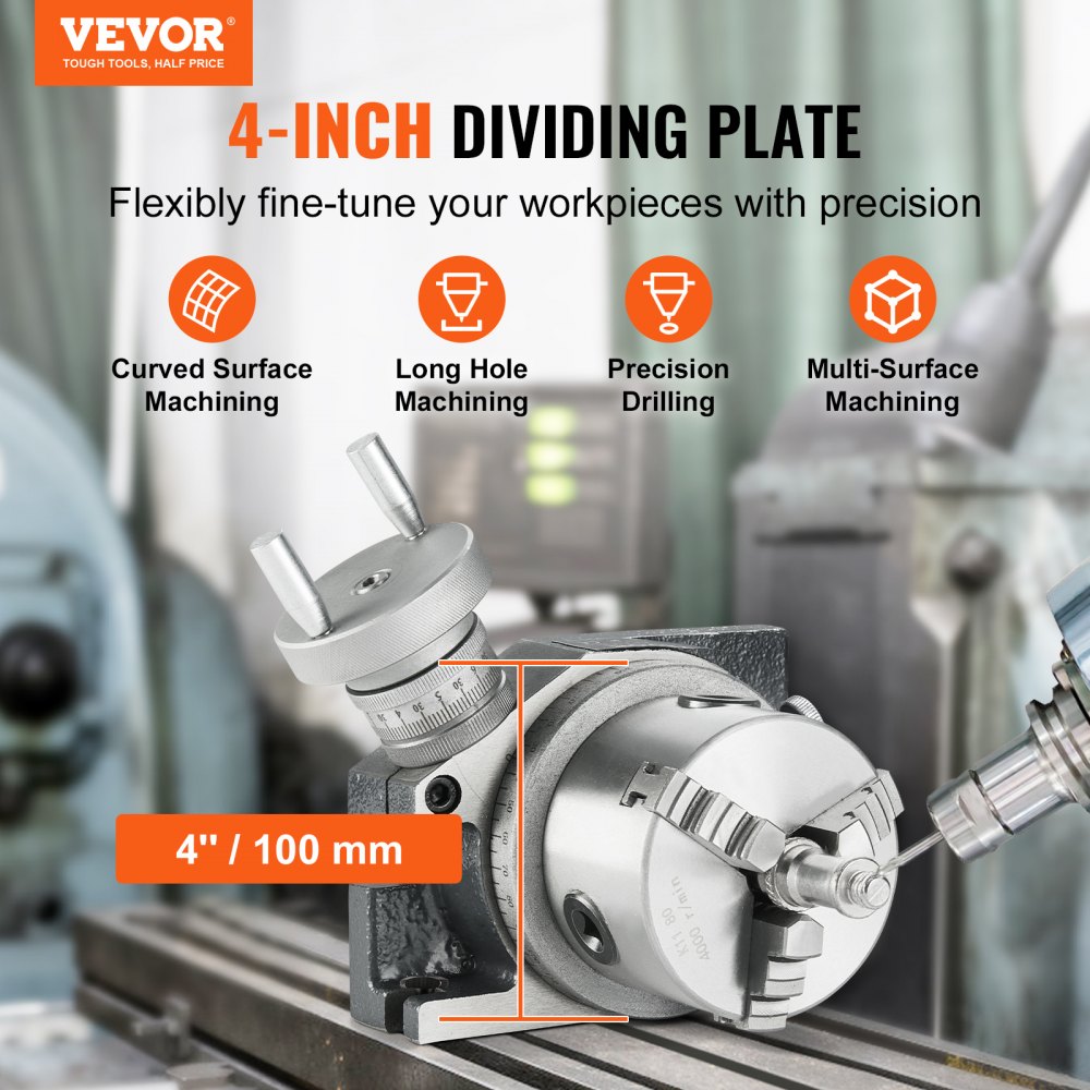 Bostome 4-inch rotary table with 3-jaw chuck, designed for horizontal and vertical milling.