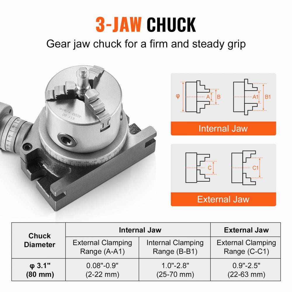 Bostome 4-inch rotary table with 3-jaw chuck for horizontal and vertical milling applications.