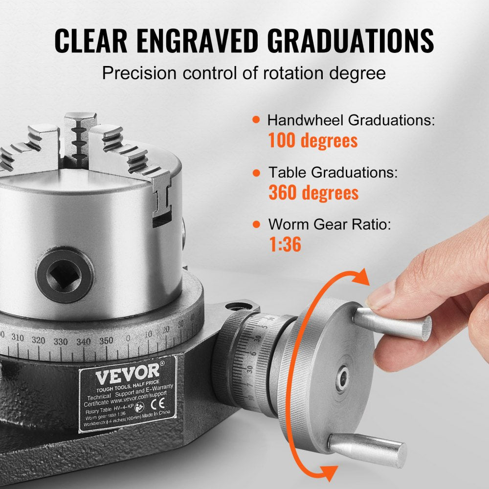 4-inch rotary table with 3-jaw chuck for horizontal and vertical milling applications.