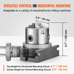 Bostome 4-inch rotary table with 3-jaw chuck for horizontal and vertical milling applications.