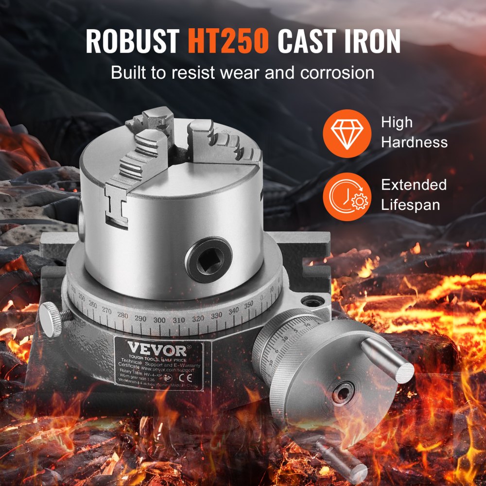 Bostome 4-inch rotary table with 3-jaw chuck for horizontal and vertical milling applications.
