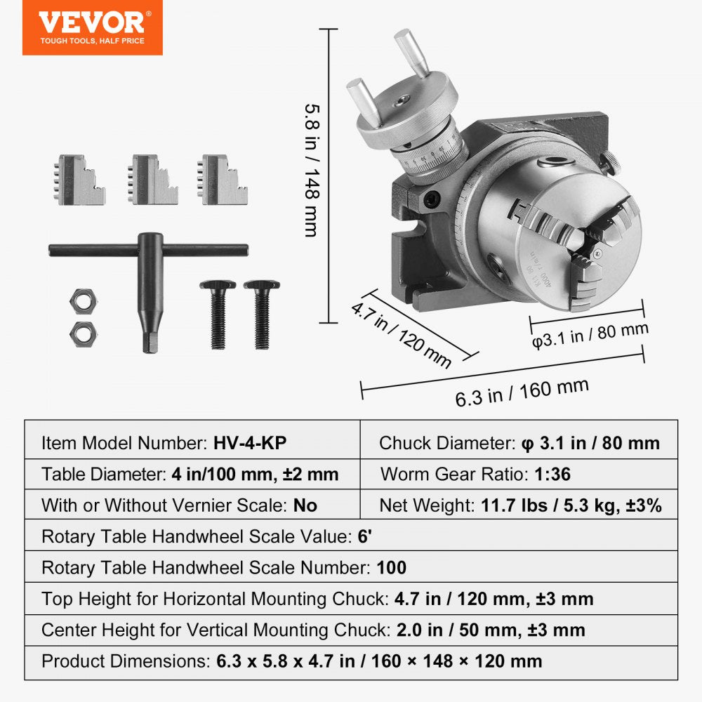 Bostome 4-inch rotary table with 3-jaw chuck, suitable for horizontal and vertical milling.