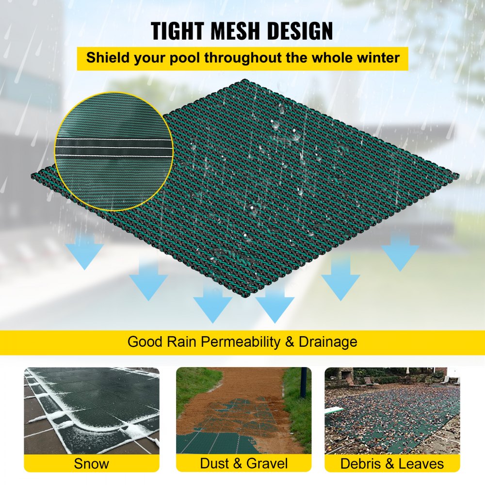 Green mesh safety cover for 14x26ft rectangular inground pool with drainage holes.