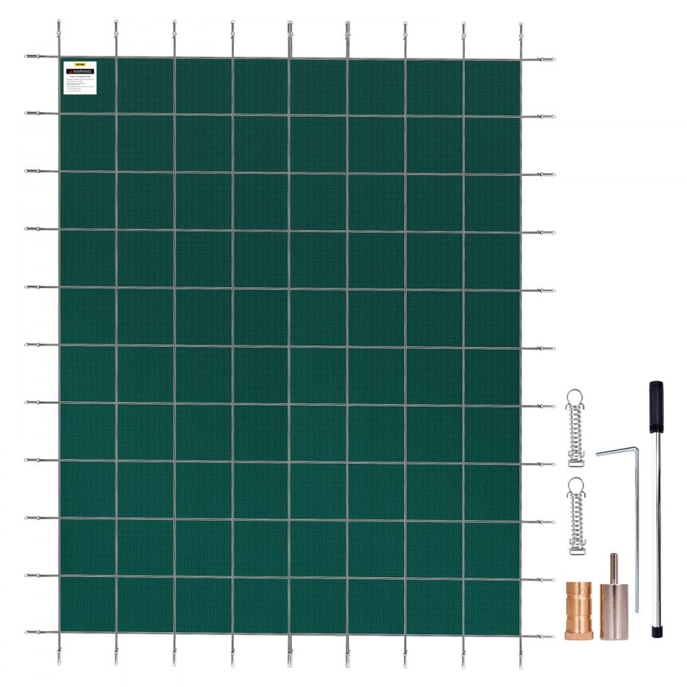 Green mesh 14x26ft rectangular inground pool safety cover with anchors, springs, and hardware kit.