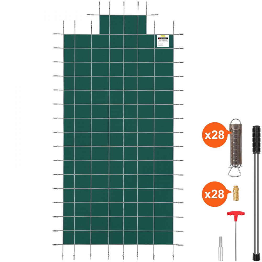 Green mesh safety pool cover, 16x32ft with step panel, anchors, springs, and tools.