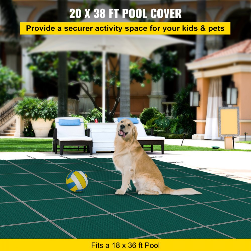 Inground Pool Safety Cover, 20 ft x 38 ft Rectangular Winter Pool Cover with Right Step, Triple Stitched, High Strength Mesh PP Material, Good Rain Permeability, Installation Hardware Included
