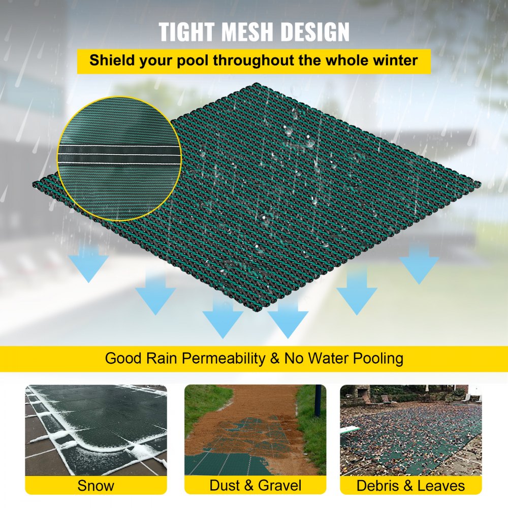 Inground Pool Safety Cover, 20 ft x 38 ft Rectangular Winter Pool Cover with Right Step, Triple Stitched, High Strength Mesh PP Material, Good Rain Permeability, Installation Hardware Included