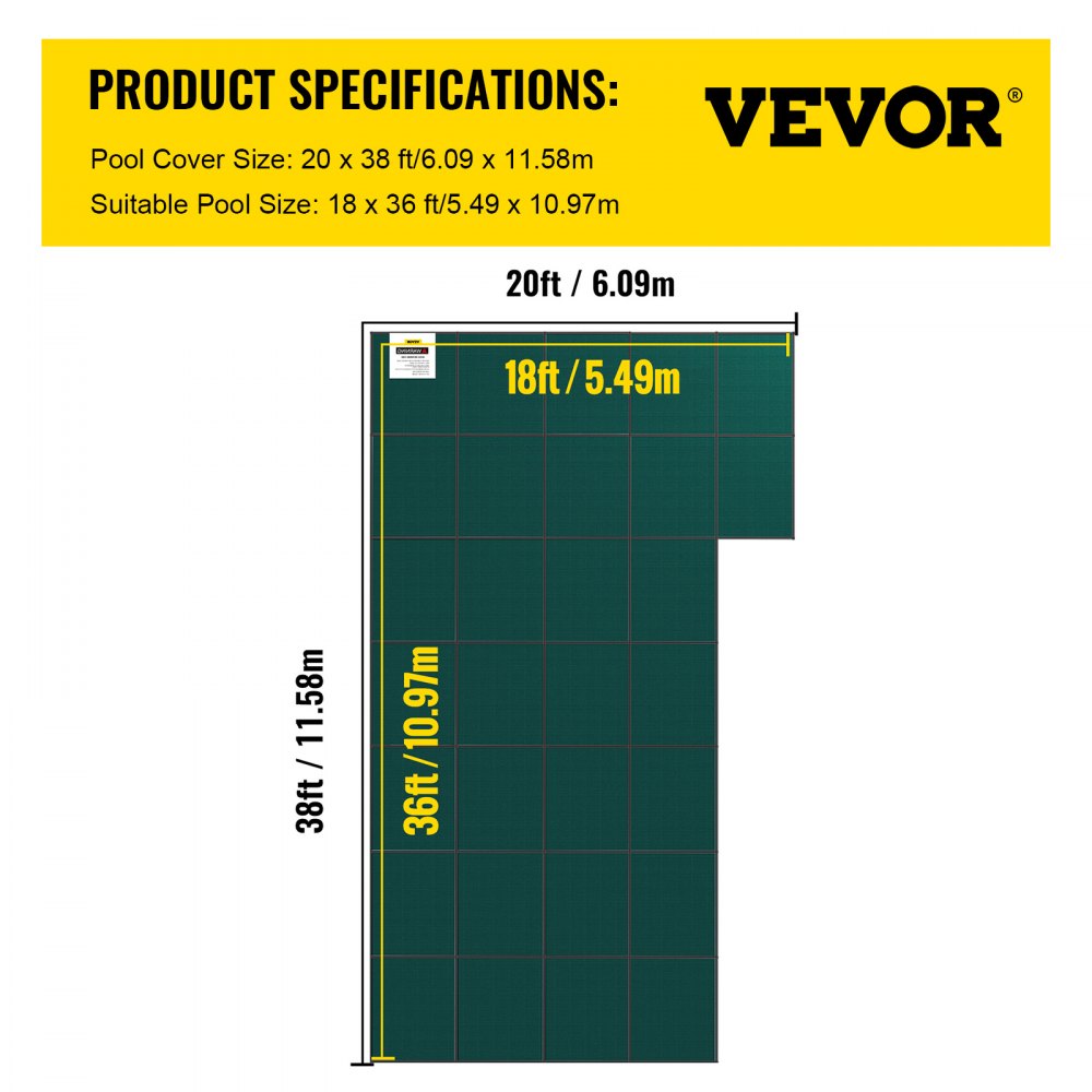 Inground Pool Safety Cover, 20 ft x 38 ft Rectangular Winter Pool Cover with Right Step, Triple Stitched, High Strength Mesh PP Material, Good Rain Permeability, Installation Hardware Included