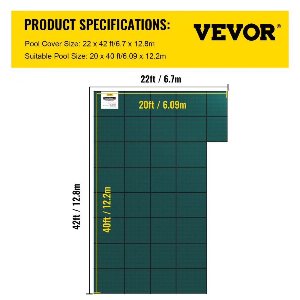 Inground Pool Safety Cover, 22 ft x 42 ft Rectangular Winter Pool Cover with Right Step, Triple Stitched, High Strength Mesh PP, Good Rain Permeability, Installation Hardware Included