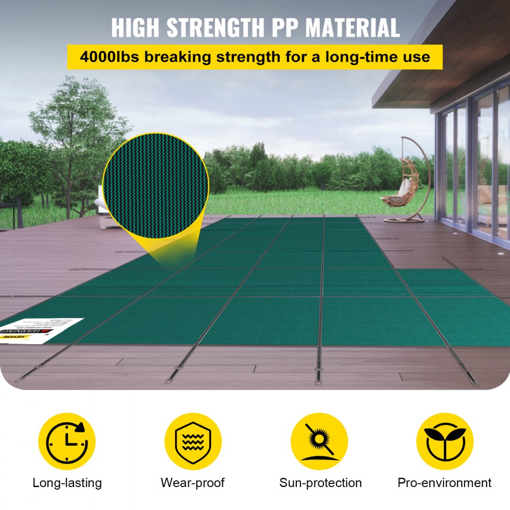 Inground Pool Safety Cover, 18 ft x 34 ft Rectangular Winter Pool Cover with Left Step,  Triple Stitched, High Strength Mesh PP Material, Good Rain Permeability, Installation Hardware Included