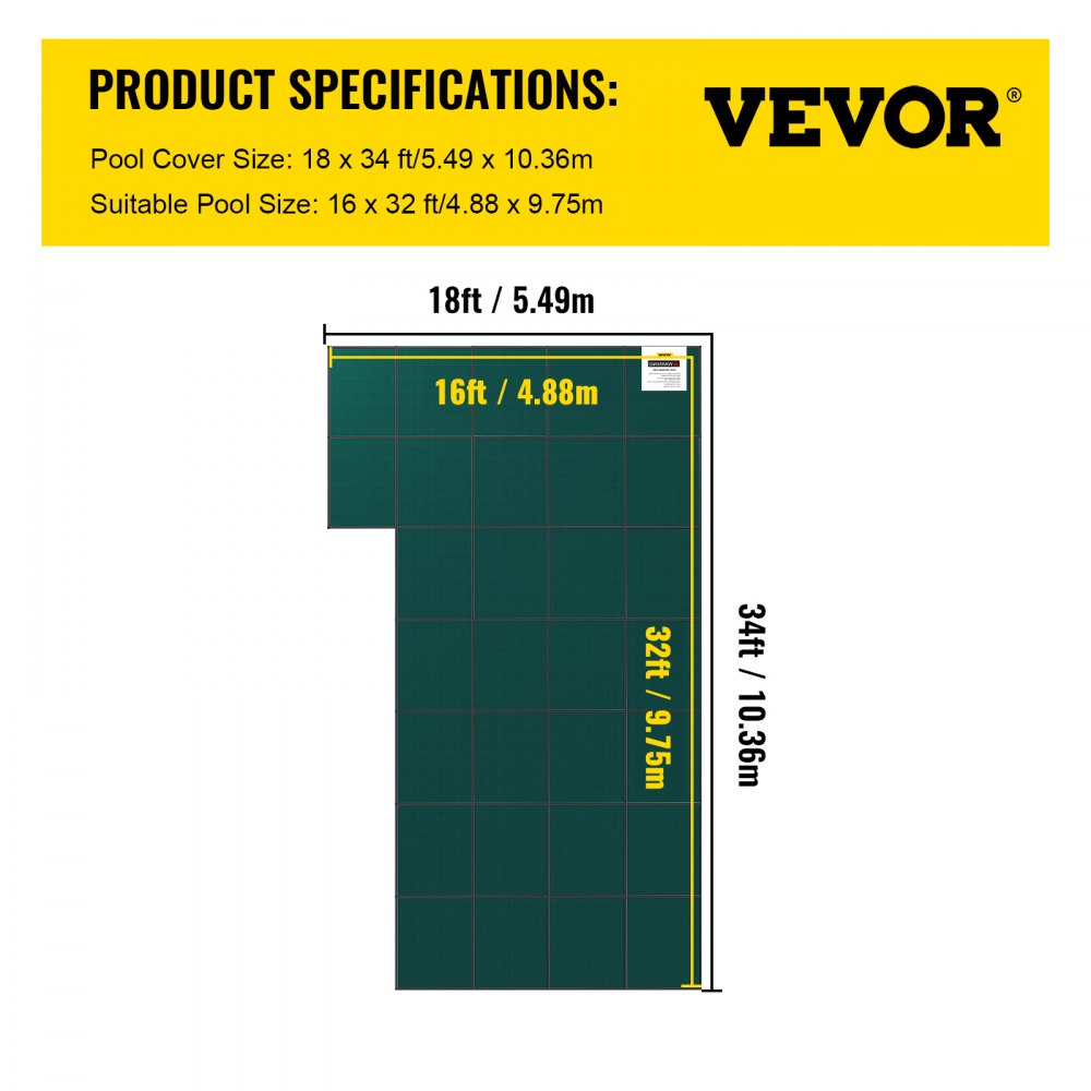 Inground Pool Safety Cover, 18 ft x 34 ft Rectangular Winter Pool Cover with Left Step,  Triple Stitched, High Strength Mesh PP Material, Good Rain Permeability, Installation Hardware Included