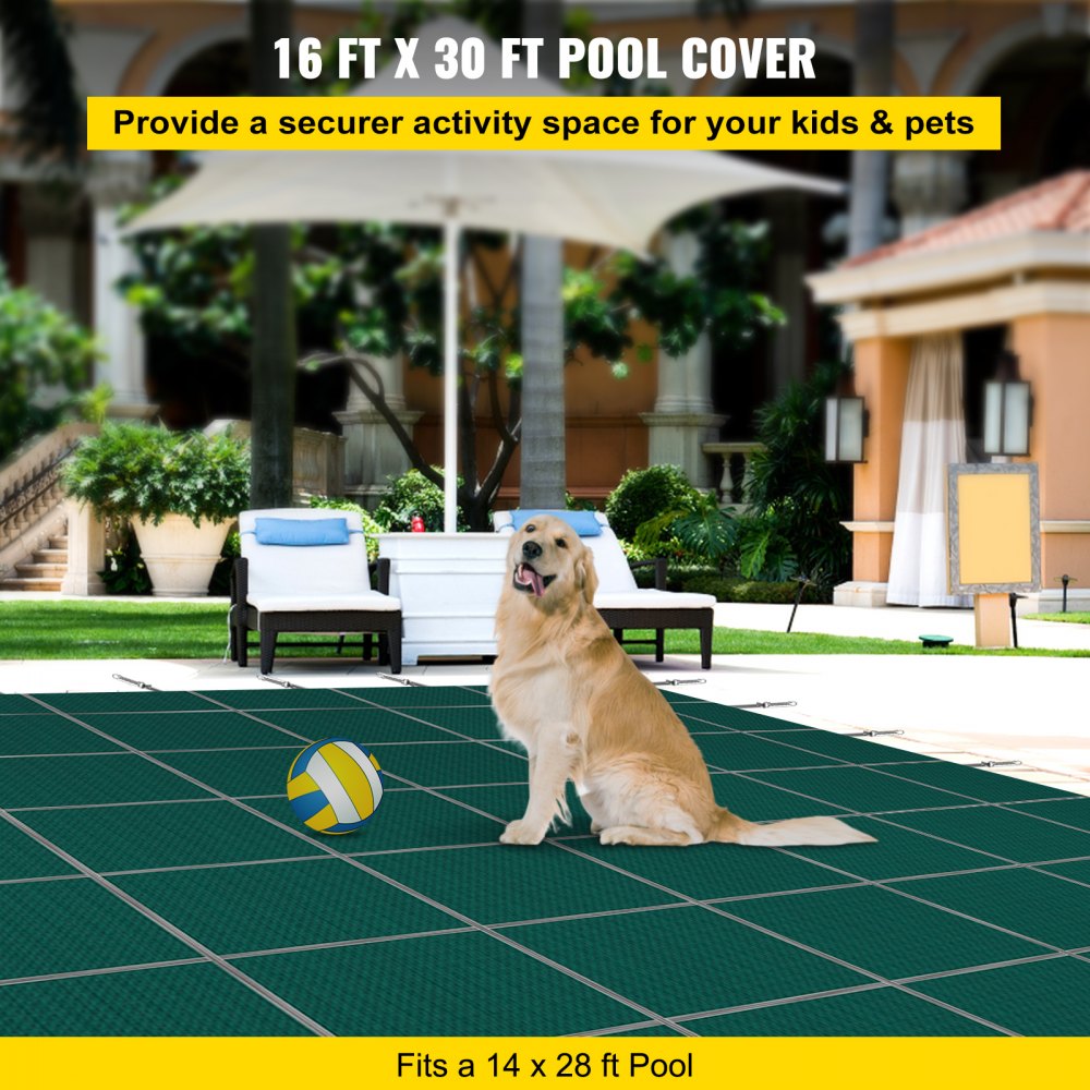Green mesh rectangular inground pool safety cover, 16x30 ft, fitting 14x28 ft pool.