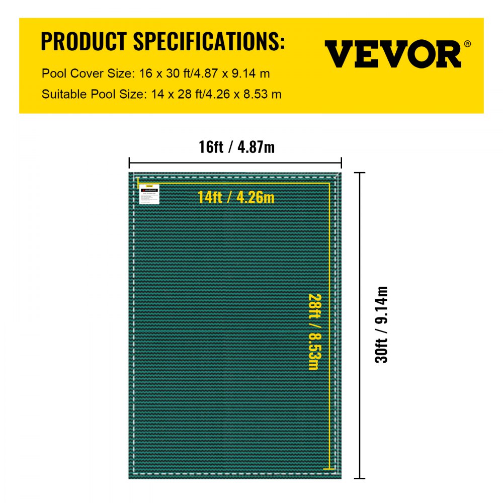Green mesh safety cover for 14x28 ft inground pool, sized 16x30 ft with dimensions shown.