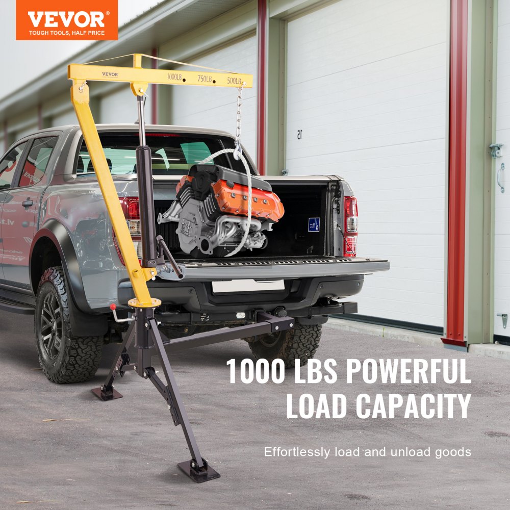 Hydraulic Pickup Truck Crane, 1000 lbs Capacity, 360° Swivel, Hitch Mounted Crane with Three Boom Capacities of 500 lbs, 750 lbs & 1000 lbs, for Lifting Goods in Construction, Forestry, Factory