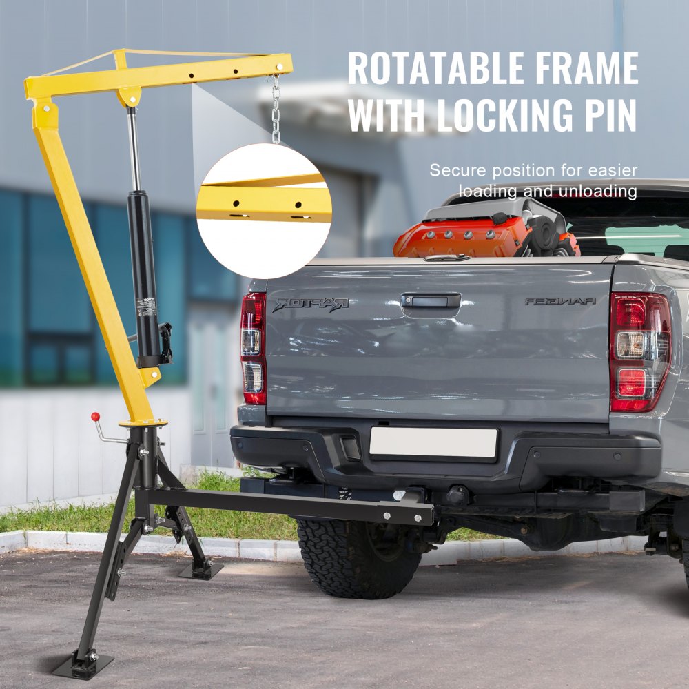 Hydraulic Pickup Truck Crane, 1000 lbs Capacity, 360° Swivel, Hitch Mounted Crane with Three Boom Capacities of 500 lbs, 750 lbs & 1000 lbs, for Lifting Goods in Construction, Forestry, Factory
