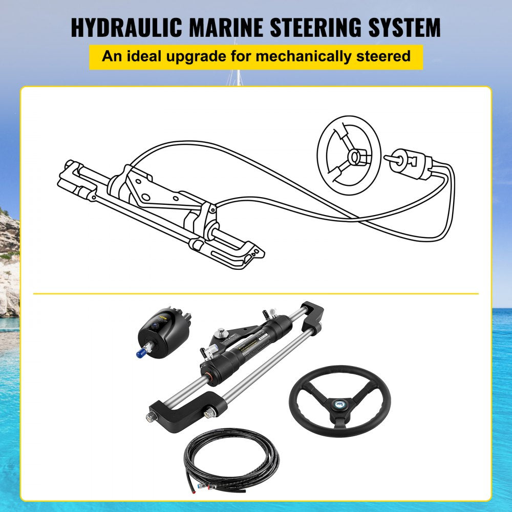 Hydraulic Boat Steering Kit, 300HP Hydraulic Steering Kit Helm Pump, Cylinder, Wheel, 18 Feet Hose Hydraulic Steering Seal Kit, Corrosion-Resistant Boat Steering System Marine Steering Kit