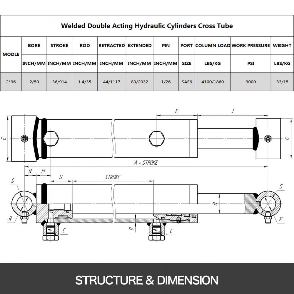 Bostome hydraulic cylinder with a 2" bore and 36" stroke, featuring a durable steel construction.