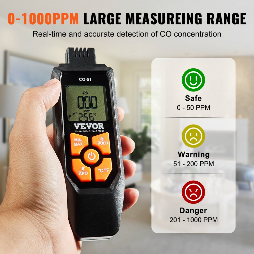 Carbon Monoxide Detectors, 0-1000PPM CO Detector with Audible & Visual Alarm, Portable CO Gas Meter Tester with Temperature Sensor, LCD Backlit Screen for Home / Industrial (3 x Battery Include)