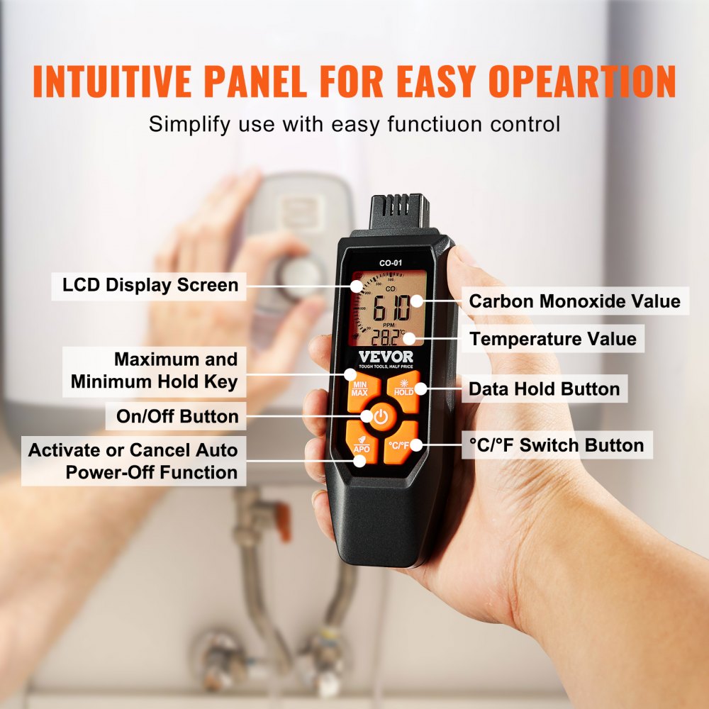 Carbon Monoxide Detectors, 0-1000PPM CO Detector with Audible & Visual Alarm, Portable CO Gas Meter Tester with Temperature Sensor, LCD Backlit Screen for Home / Industrial (3 x Battery Include)