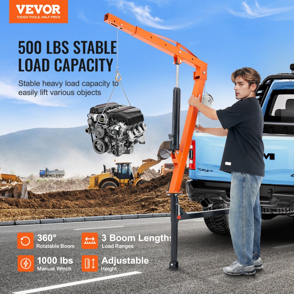 Hydraulic Pickup Truck Crane Hoist Crane 500 lbs 360° Swivel Hoist Lift
