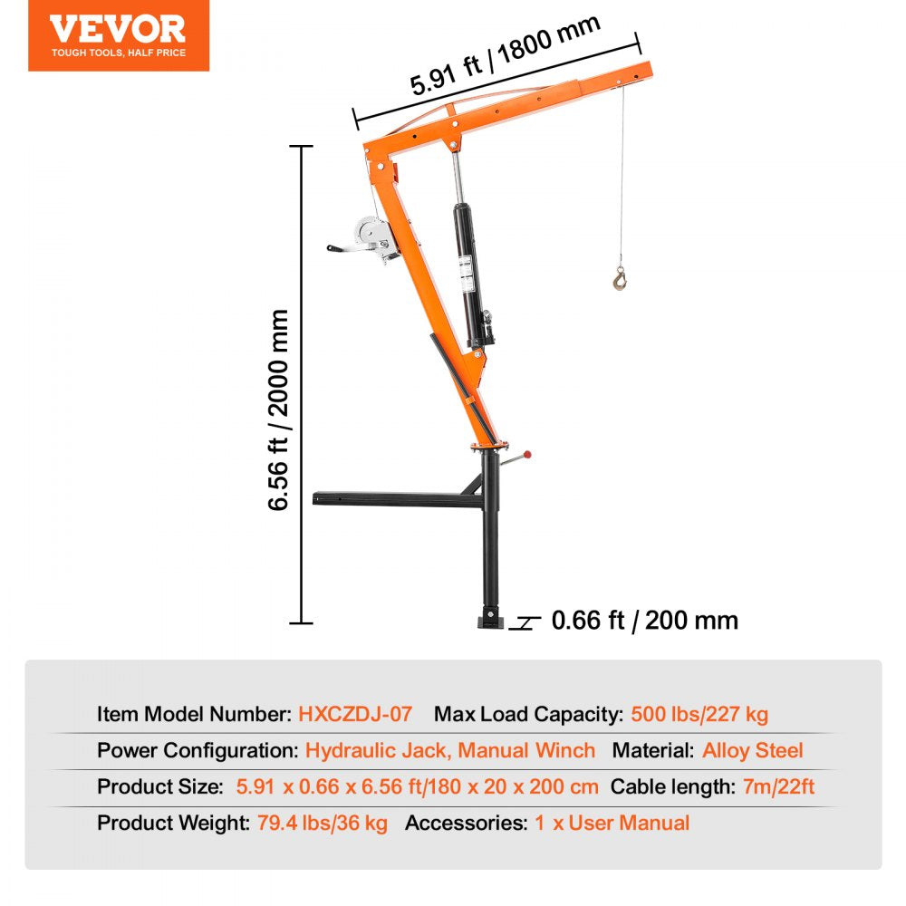 Hydraulic Pickup Truck Crane Hoist Crane 500 lbs 360° Swivel Hoist Lift