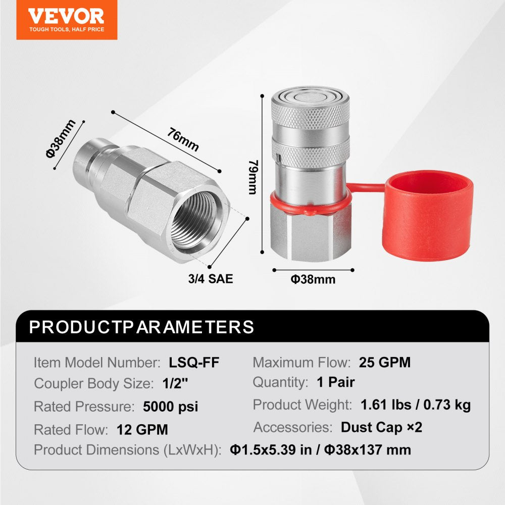 1/2" Flat Face Hydraulic Couplers, 3/4 SAE Skid Steer Hydraulic Quick Connect Couplers with 2 Dust Caps (ISO16028)