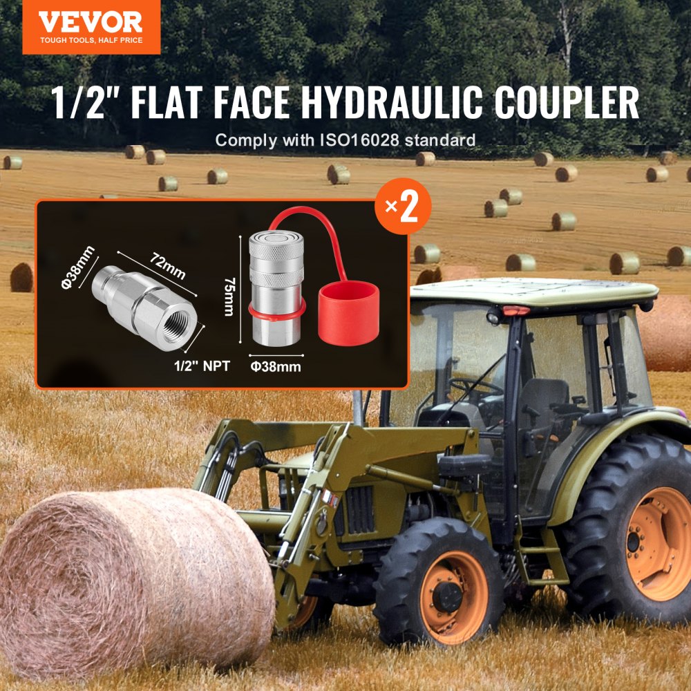 1/2" Flat Face Hydraulic Couplers, 1/2" NPT Skid Steer Hydraulic Quick Connect Couplers with 4 Dust Caps (ISO16028)