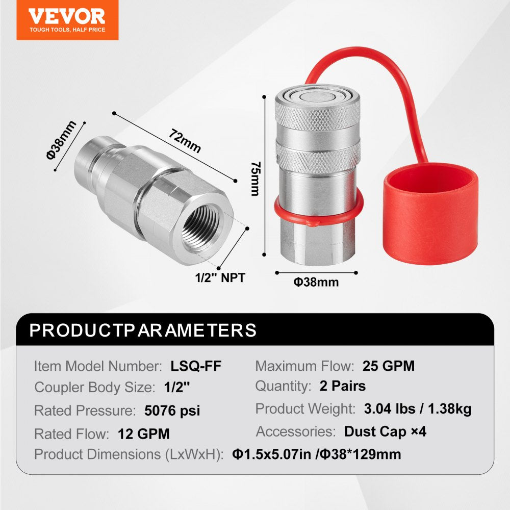 1/2" Flat Face Hydraulic Couplers, 1/2" NPT Skid Steer Hydraulic Quick Connect Couplers with 4 Dust Caps (ISO16028)